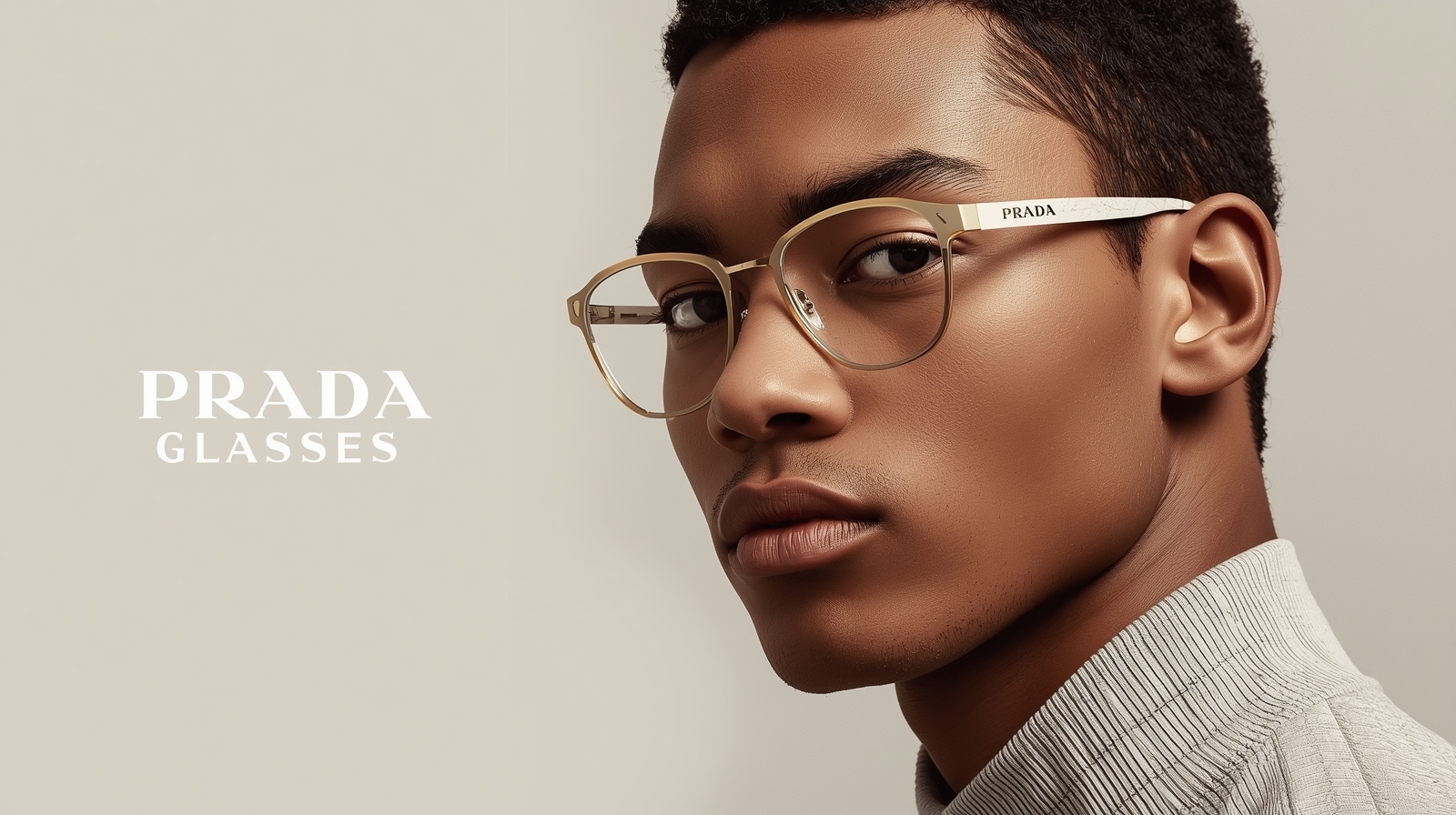 High-fashion banner featuring Prada sunglasses in studio lighting