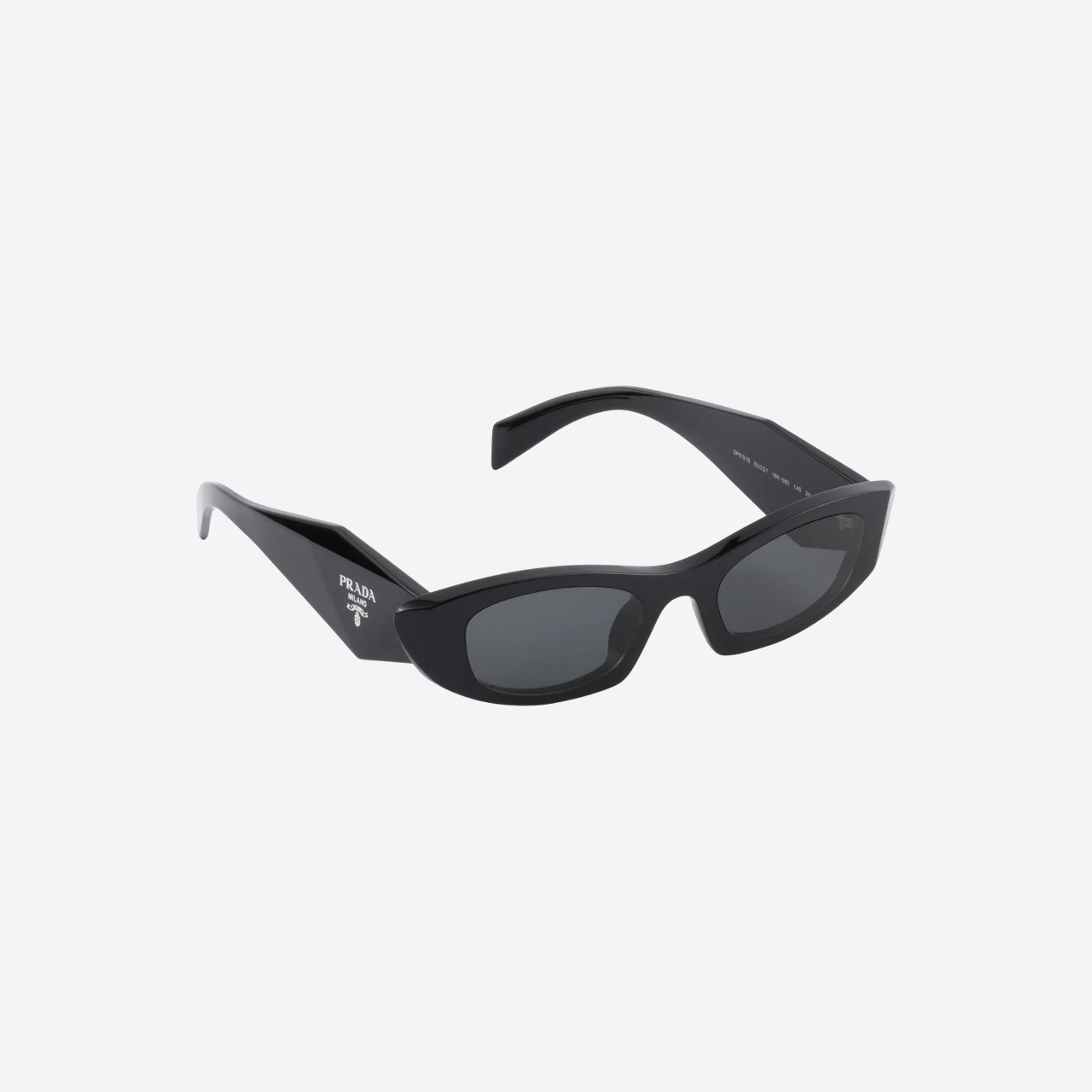 Prada Symbole black wraparound sunglasses with slate gray lenses, front three-quarter view